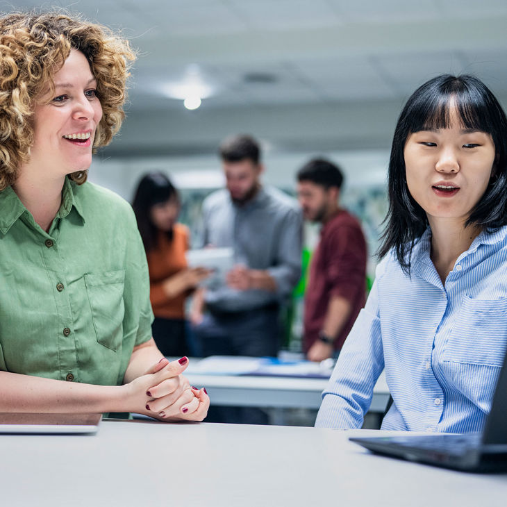 Two Colleagues Discussing Solution On Laptop Screen 
