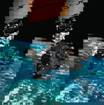 Rendering of a satellite orbiting above Earth