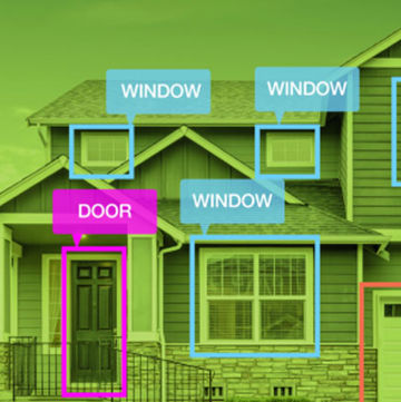 Photo illustration of a house with doors and windows labeled
