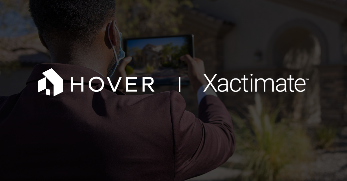 Hover and Xactimate logos on photo of man holding tablet