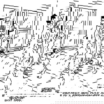 Cartoon of man being carried out of his home on a stretcher as woman explains, "He read the entire insurance policy, end to end, without stopping."