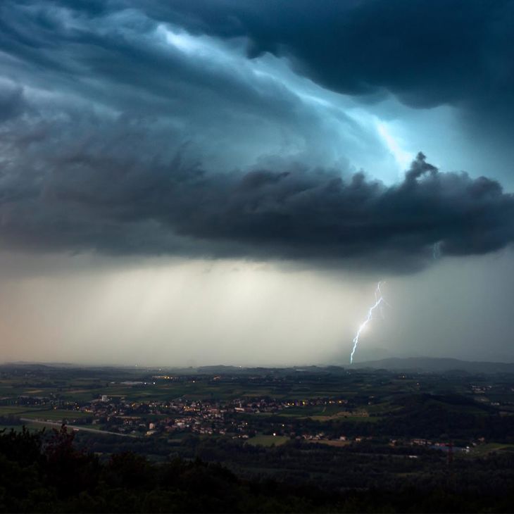 Thunderstorm Lightning Strike Town In A Valley 