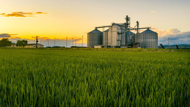 Sunset Over Farmland With Grain Silos 