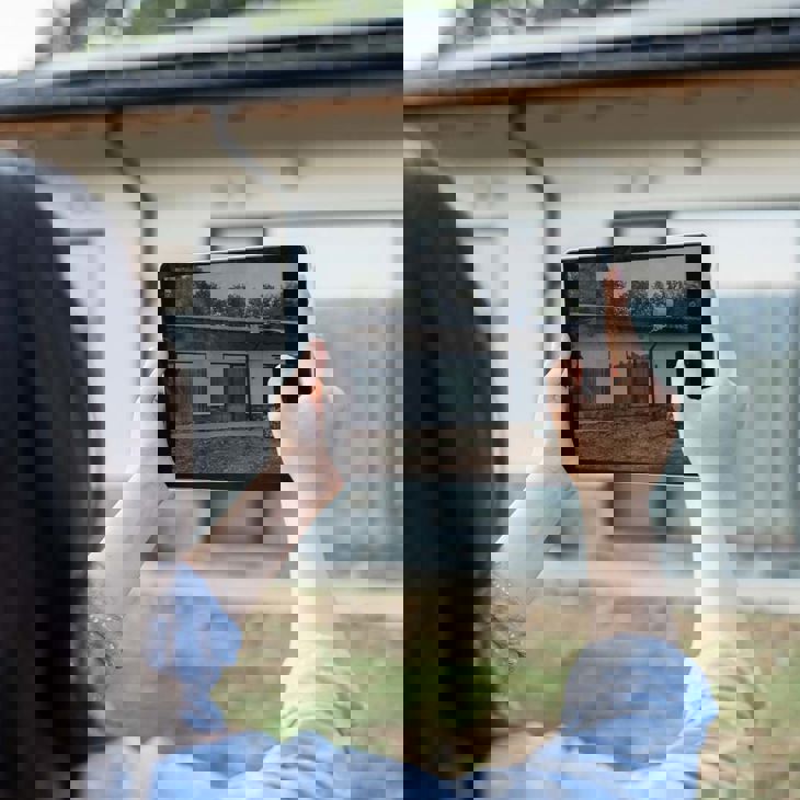 Woman With Table Taking Photo Of Building 