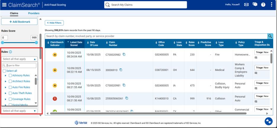 New Claims Page Filters - Rules Filter