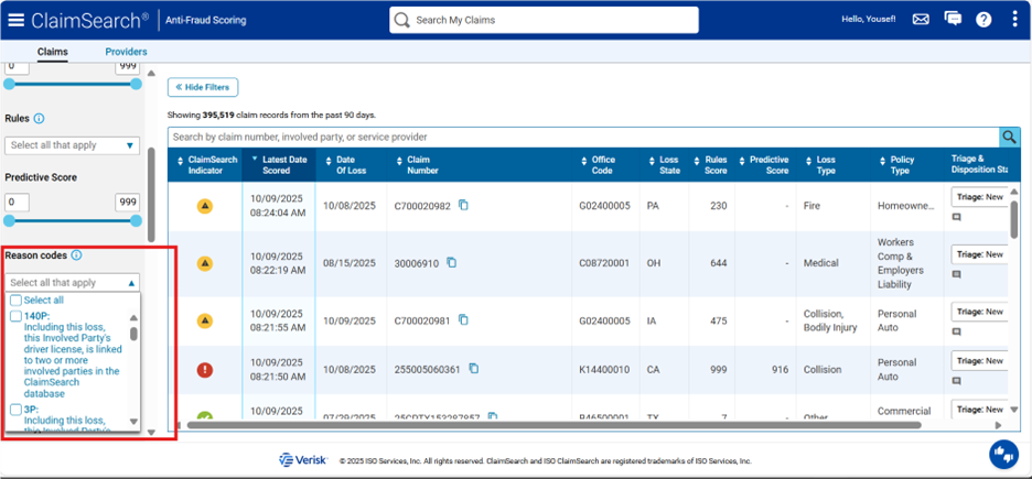 New Claims Page Filters - Reason Codes Filter