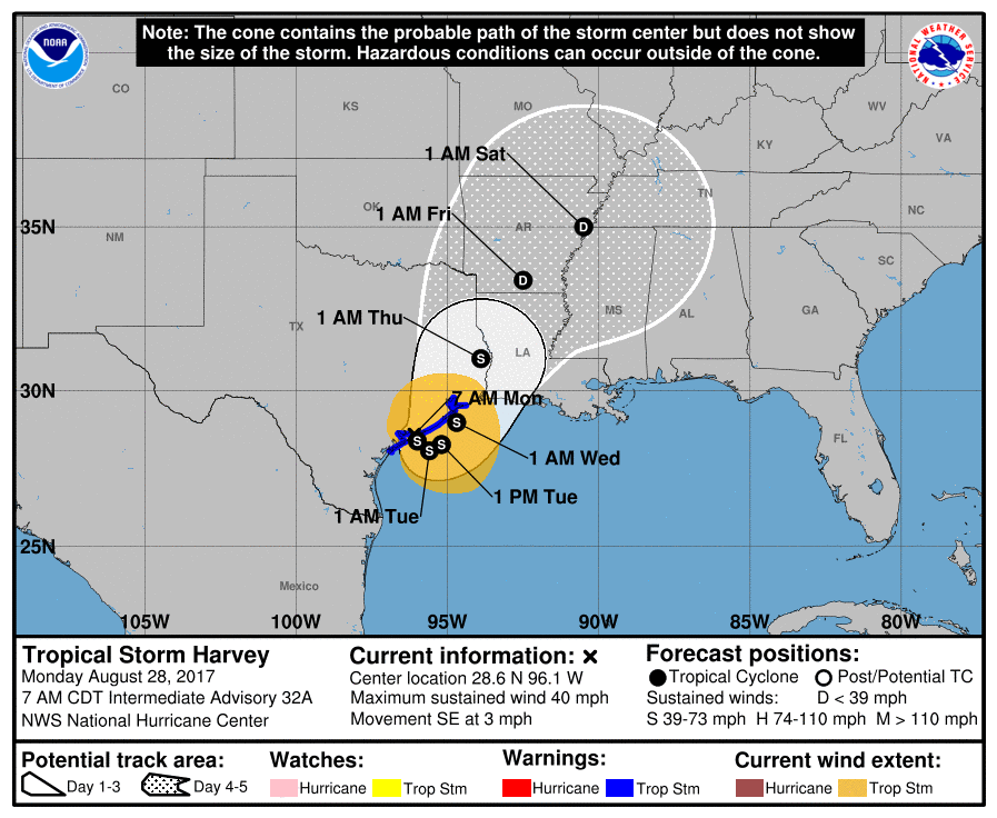 Track map of Harvey as of 7 a.m. CDT Aug. 28